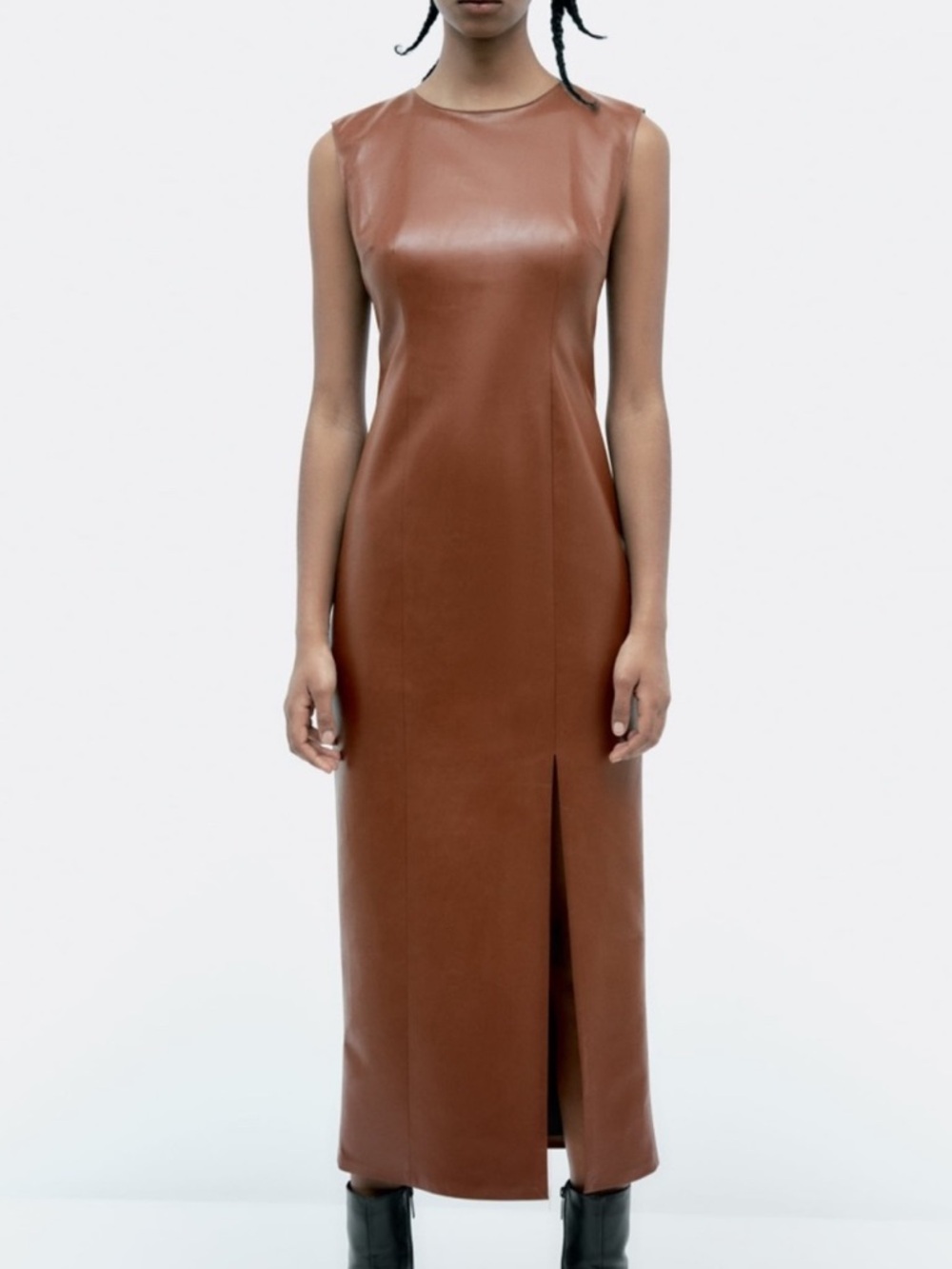 Zara | Faux Leather Slit Midi Dress in Brown NWT